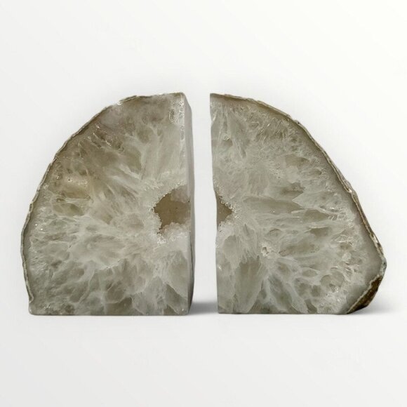 Agate Bookends, Druzy, Geode Center, White, Gray Layers, Cream Banding (RE) - Picture 2 of 10